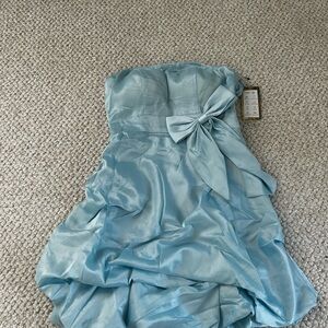 Blue Ruched Strapless Fit and Flare Dress